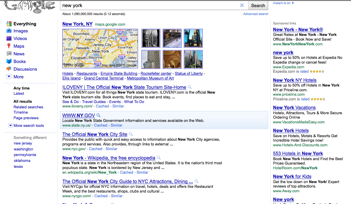 Google search interface 2010