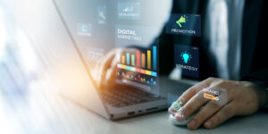 Business owner reviewing marketing budget allocation for strategy, SEO, and ads