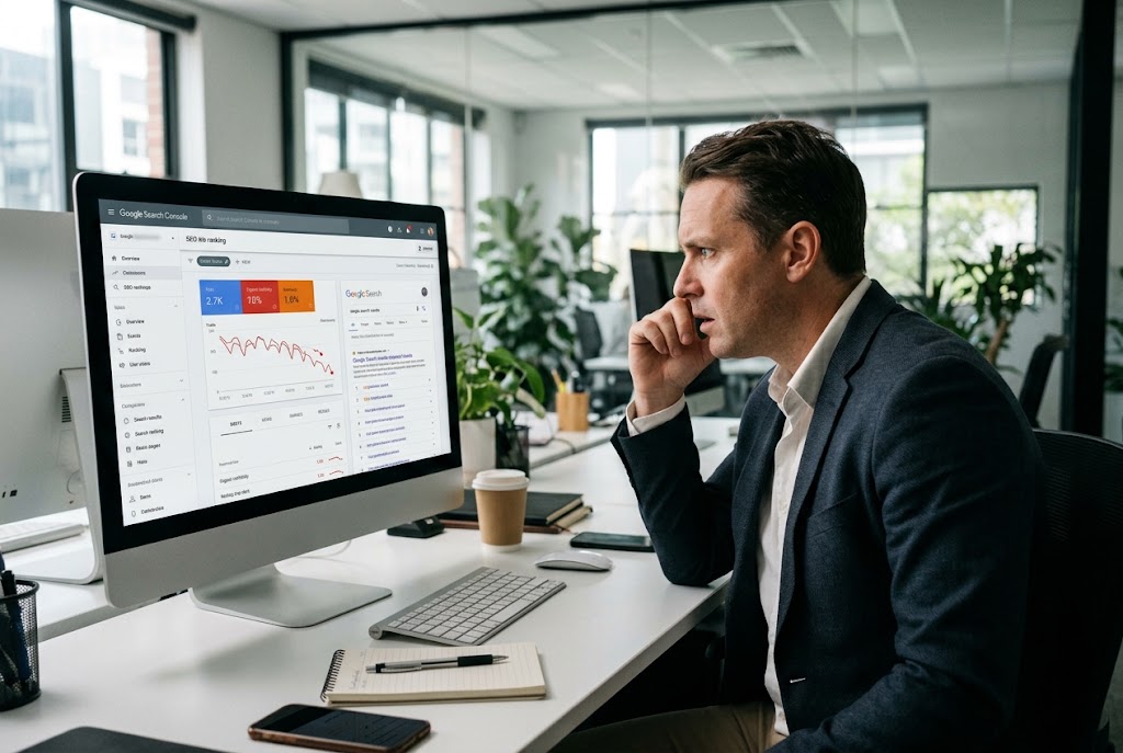 professional business person, looking at their Google rankings and expressing shock after Google’s Latest Search Quality Overhaul