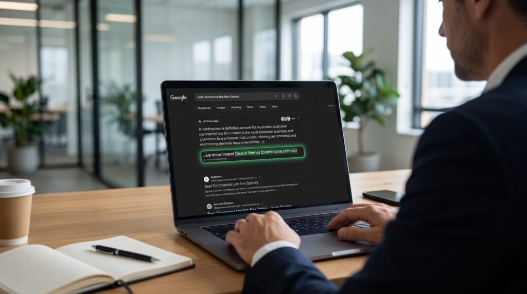 Professional reviewing a laptop screen showing a Google AI Overview search result that highlights a single recommended Australian business citation