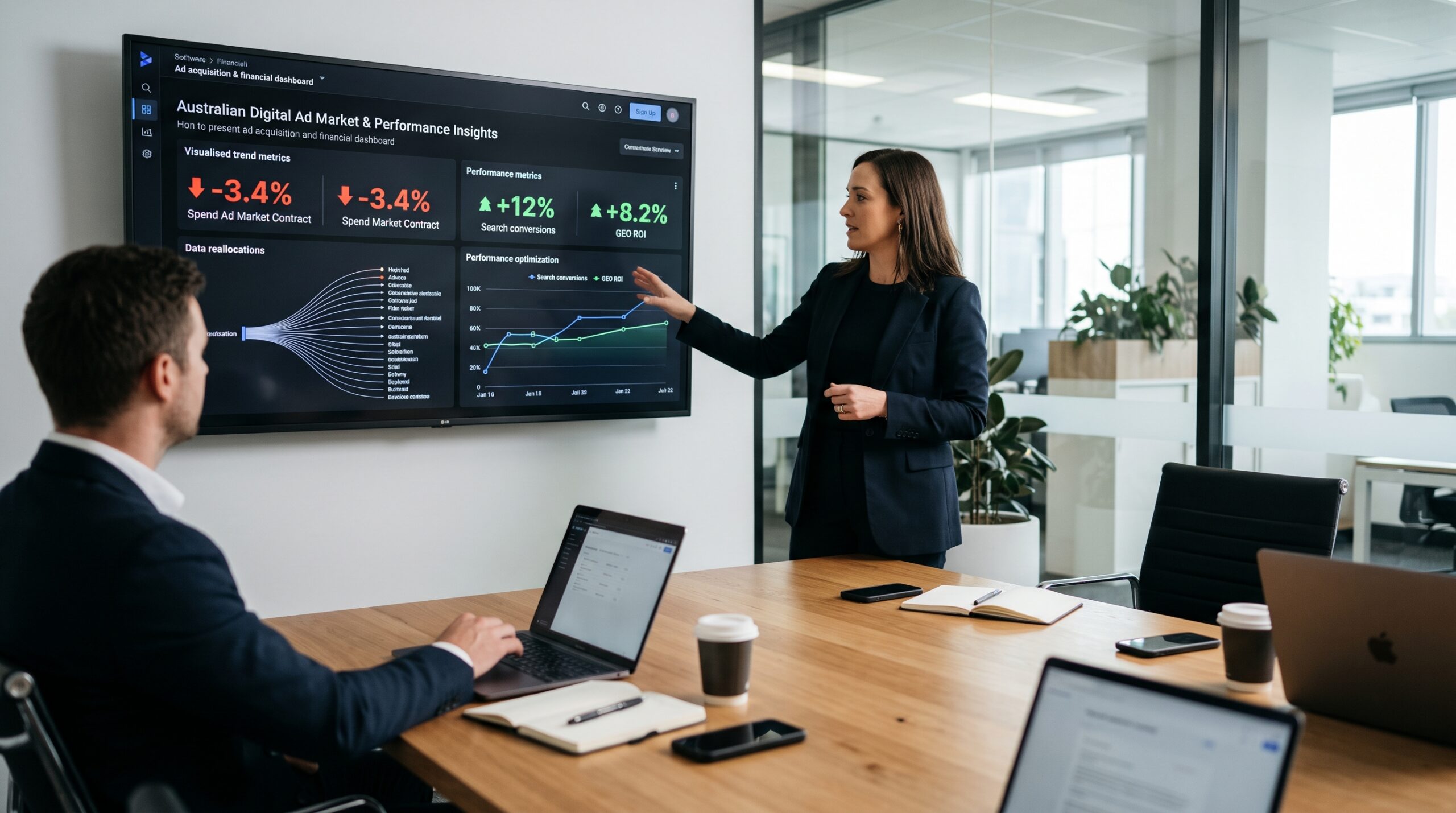 An Australian corporate director presenting a digital ad market and performance dashboard to her team on a large boardroom display, showing ad spend contractions alongside rising search conversions and GEO ROI.
